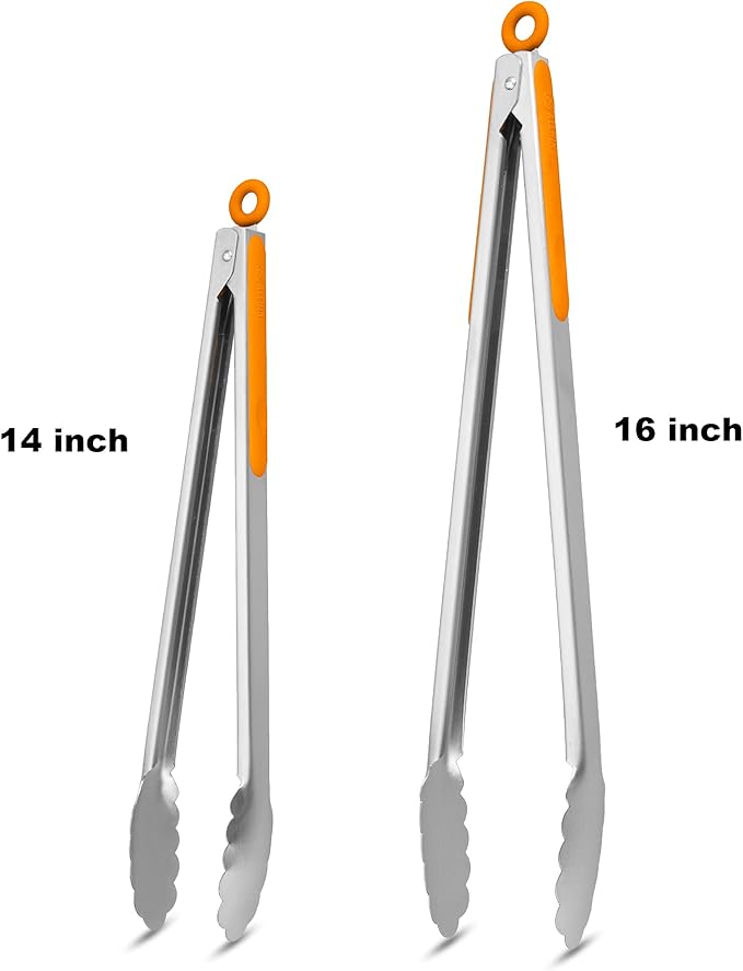 304 Stainless Steel Kitchen Cooking Tongs, 14 & 16 Inch, Set of 2, Orange