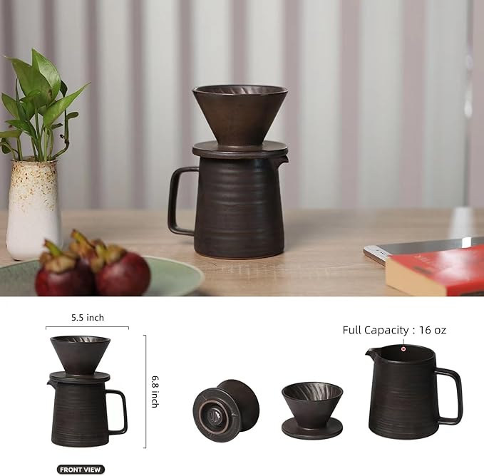 globe faith Stoneware Handmade Pour Over Coffee Maker Set, Ceramic Coffee Brewer Hand Drip Cone Dripper & Coffee Pot Microwaveable Decanter, Retro Metallic Glaze, 16oz