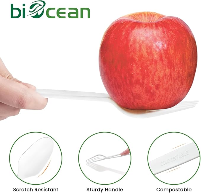 Biocean Extra Heavyduty Compostable Forks [500 Count,7In] Disposable Cutlery No Plastic Forks Large Biodegradable Utensils Eco Friendly Silverware for Party,BBQ,Daily Use [With Tote]