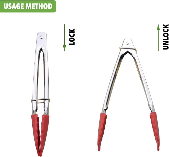 HINMAY Small Tongs with Silicone Tips 7 Inch Kitchen Tongs, Set of 3 (Red)