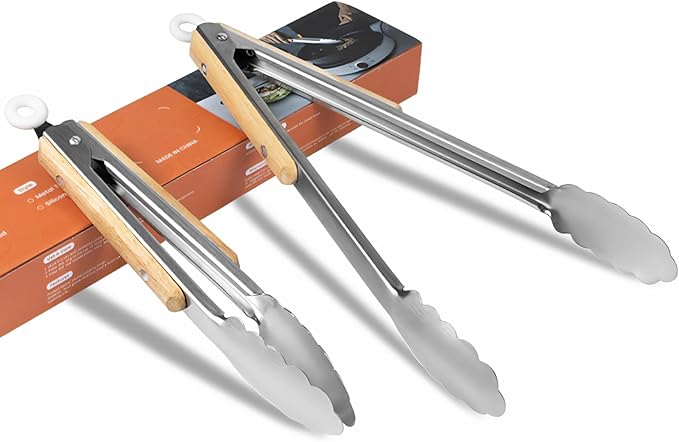 9+12 inch Stainless Steel Kitchen Tongs for cooking with Wood Handle, Set of 2