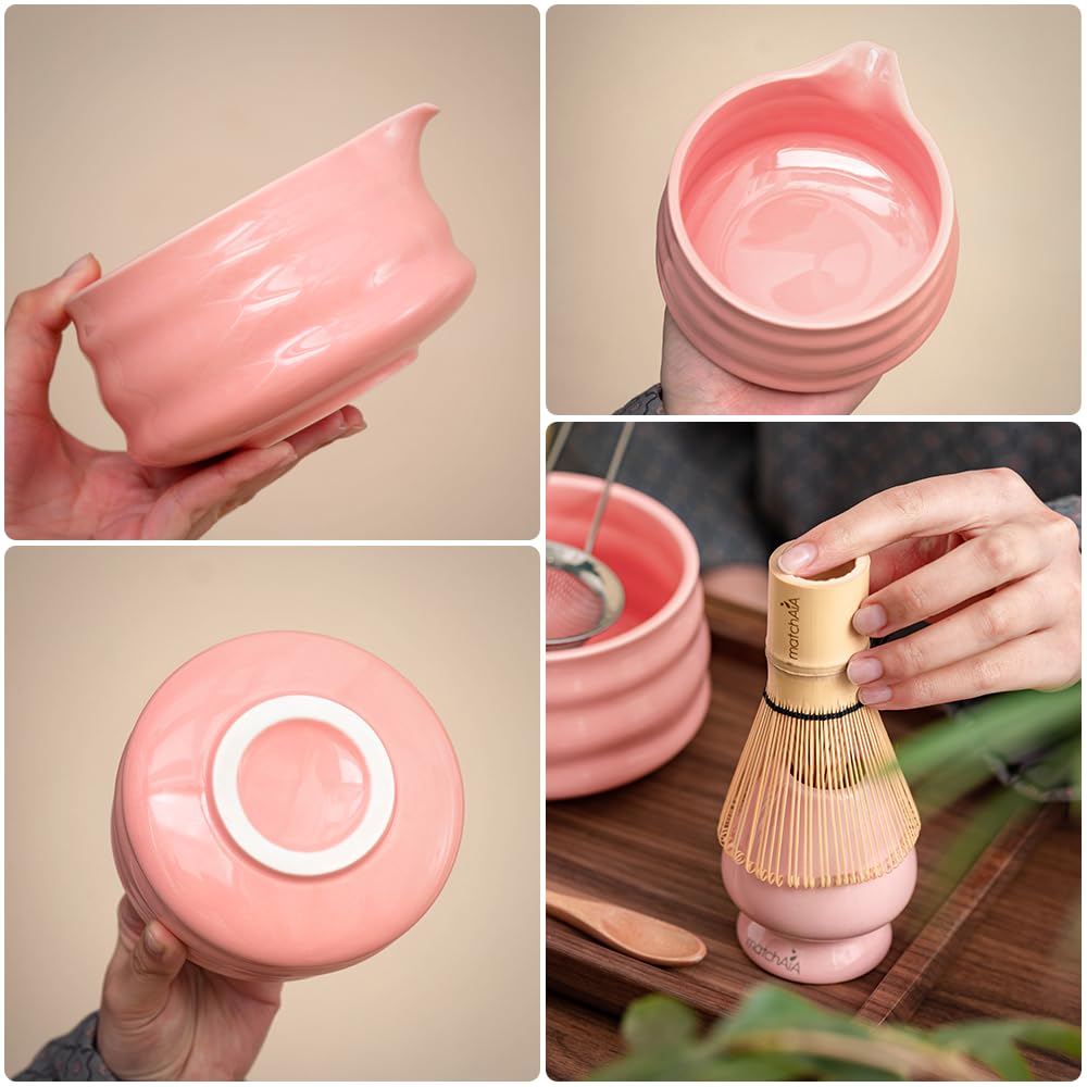 MatchAiA Matcha Whisk Set - Ceramic Bowl, Bamboo Whisk with Holder, Sifter, Schima Spoon, Spoon Rest and Tea Towel - 7 Pcs Complete Kit for Traditional Matcha and Modern Lattes (Pink)