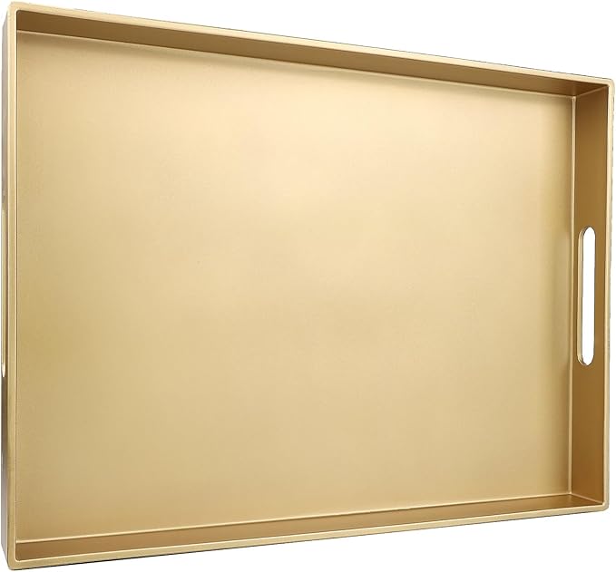 SforGUVA Gold Serving Tray for Coffee Table, Rectangular Plastic Decorative Tray with Handles for Entertaining, Outdoor Patio, Living Room, Ottoman, Bathroom Counter, 11.8”*15.7”*1.6”