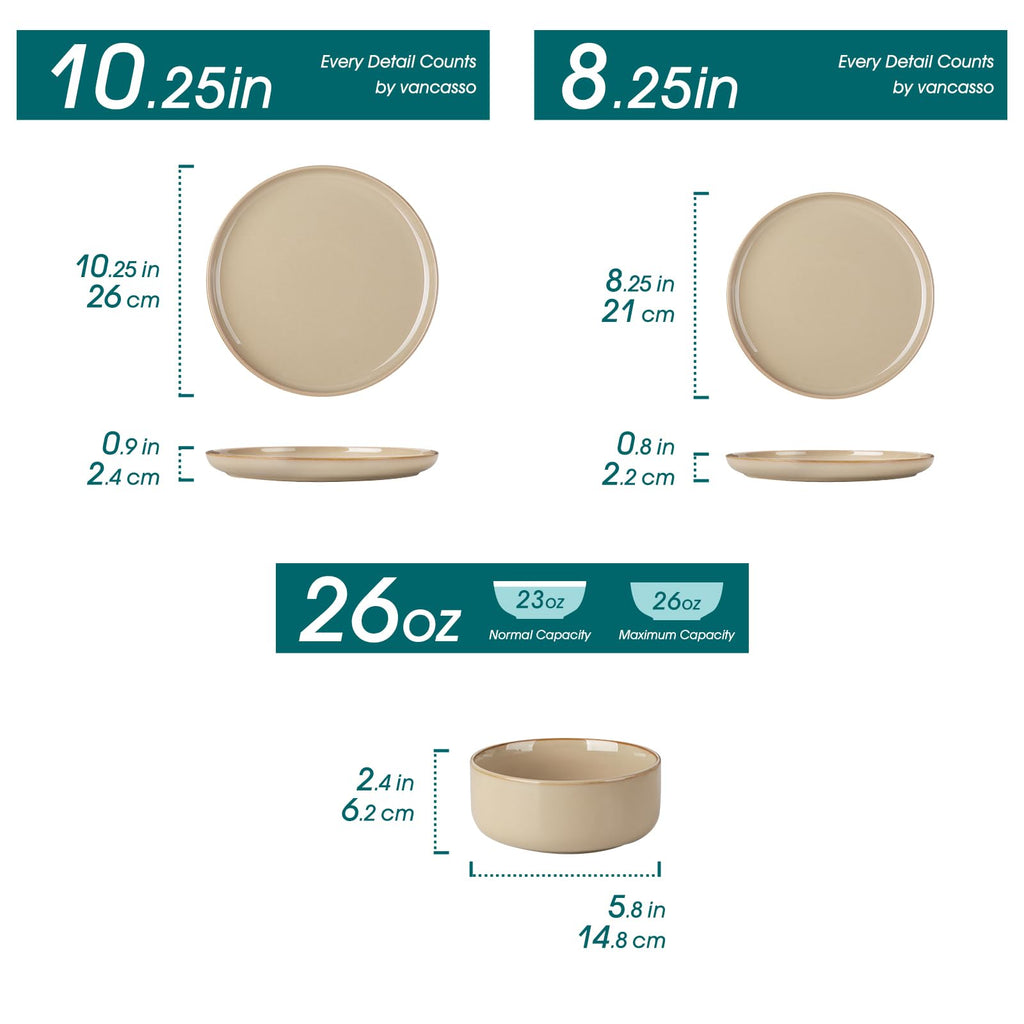 vancasso PLAYA Ceramic Plates and Bowls Sets, 24 Pieces Brown Dinnerware Sets for Kitchen, Reactive Glaze Dishes Set for 8, Dishwasher and Microwave Safe