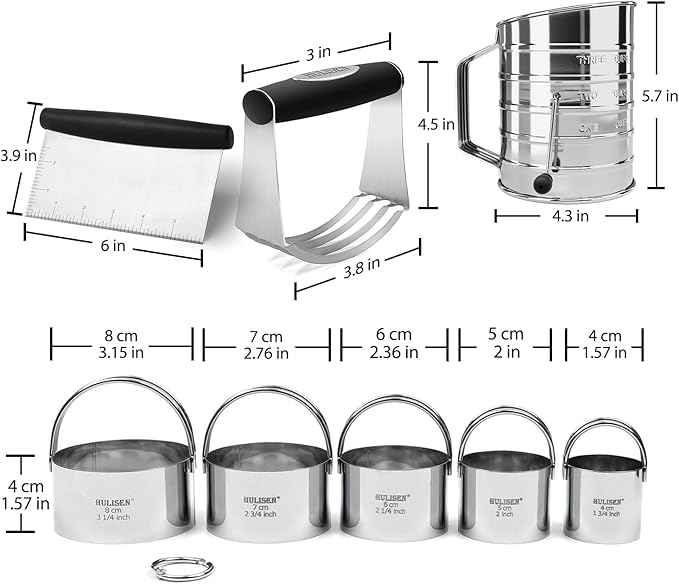 HULISEN 5-Pc Biscuit Cutters, Flour Sifter, Pastry Scraper, Dough Blender