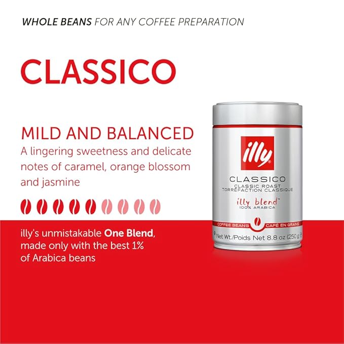 illy Whole Bean Coffee, Classico Medium Roast, 8.8oz, 6 Pack