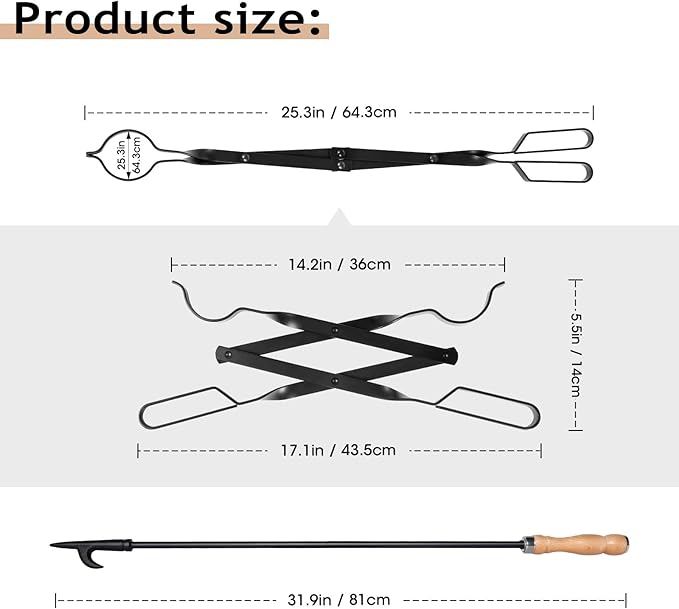 26" Fireplace Fire Pit Tongs & 32" Fire Pit Poker, Heavy Duty Wrought Iron