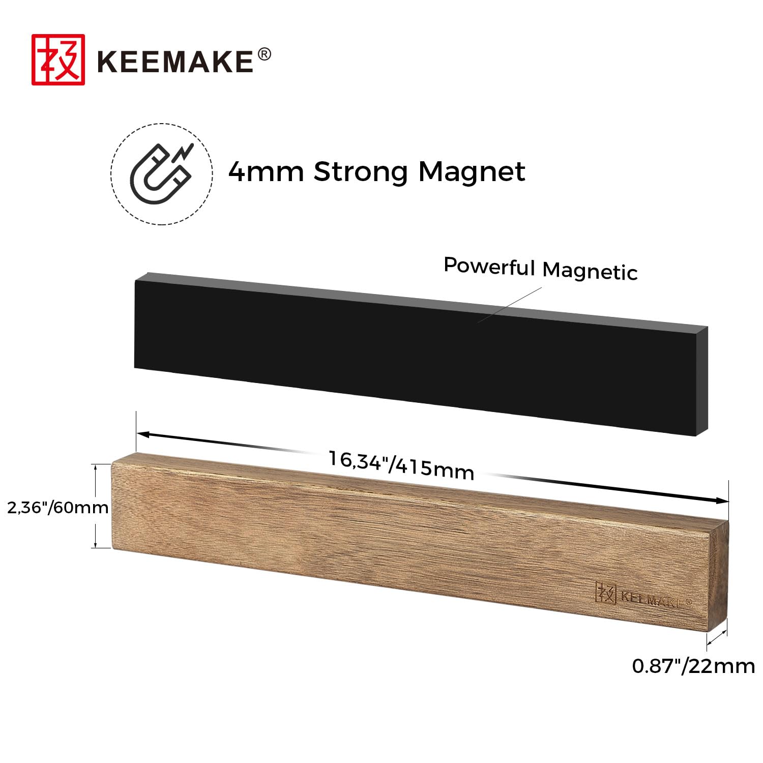 KEEMAKE Magnetic Knife Block with Acrylic Shield, Thickened Wood Kitchen Knife Holder Stand without Knives, Double Side Strong Magnets Knife Storage Organizer for Kitchen Counter top