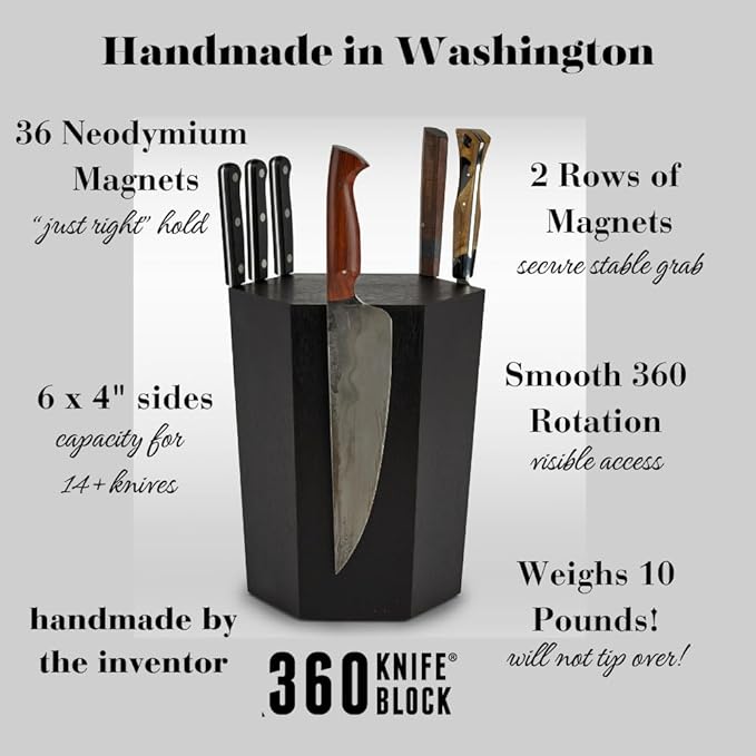 360KnifeBlock® - The 360KB™ (Black) ROTATING Magnetic Knife Block 10" tall SeriousEats/Food&Wine/ATK BEST Universal Knife Block - handmade in Washington