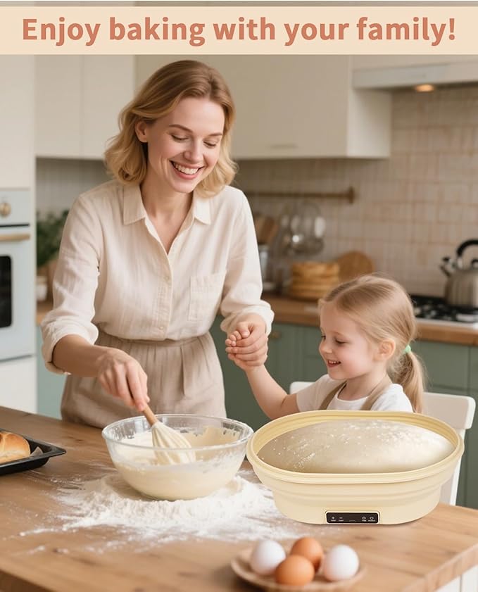XPXKJ Heating Bread Proofing Basket Set Foldable Thermostatic Silicone Bowl with 77-122℉ 6 Gears Temperature & 6H Timer, Baking Sourdough Starter Bread Making Supplies Tools Kit (13.7×10.2×4.3'')