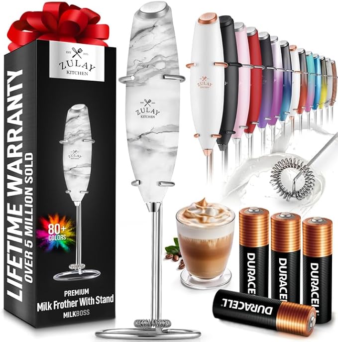Zulay Kitchen Powerful Milk Frother Wand With Duracell Batteries - Ultra Fast Handheld Drink Mixer - Electric Whisk Foam Maker for Coffee, Lattes, Cappuccino & Matcha - Z1 Motor - Quartz