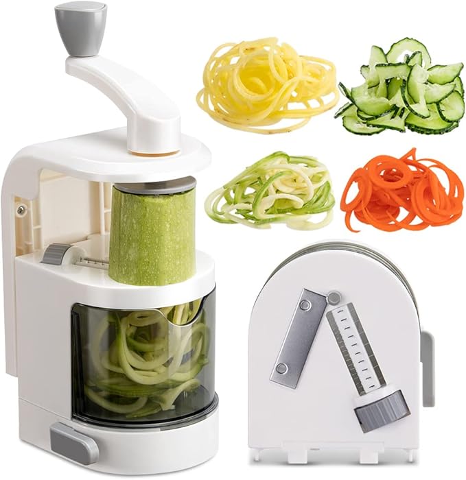 Badelite Vegetable Spiralizer 4-IN-1 Rotating Blade Veggie Spiralizer Zucchini Noodle Maker with Strong Suction Cup Spiral Vegetable Cutter Slicer - White