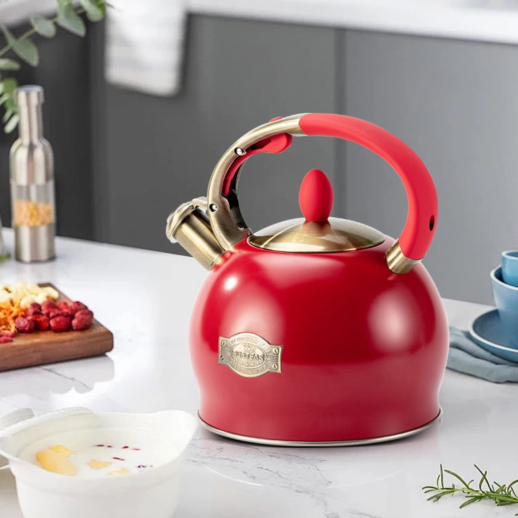 SUSTEAS Whistling Tea Kettle, 2.7QT Food Grade Stainless Steel Teapot, RED