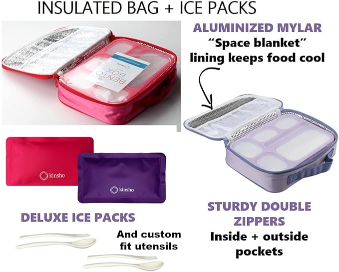 kinsho Bento Lunch Box Set of 2, Ice Pack with Insulated Bag, Pink & Purple