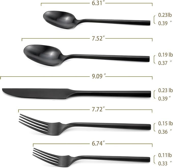 DEACORY Silverware Set Matte Black Hexagon 60-Piece Service for 12