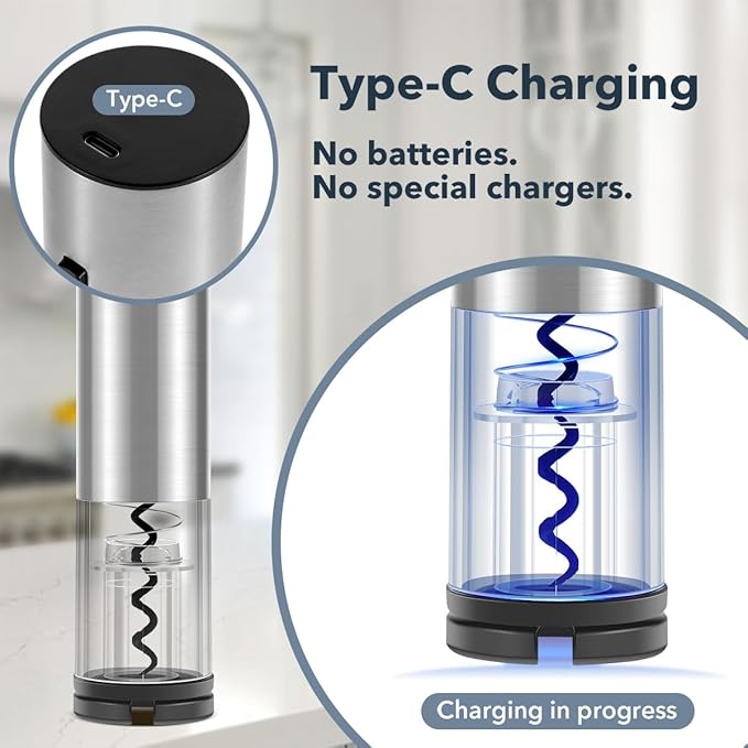 QIKPCK Electric Wine Opener Rechargeable–USB-C Charging, Wine Opener Electric with Foil Cutter, Electric Wine Bottle Opener, Electric Corkscrew Wine Opener, Stainless Steel, Must-Have for Wine Lovers