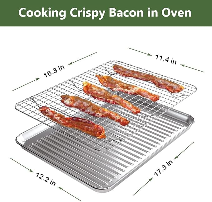 Half Baking Sheet Pan Cooling Rack Set, Stainless Steel 2 Pans + 2 Racks