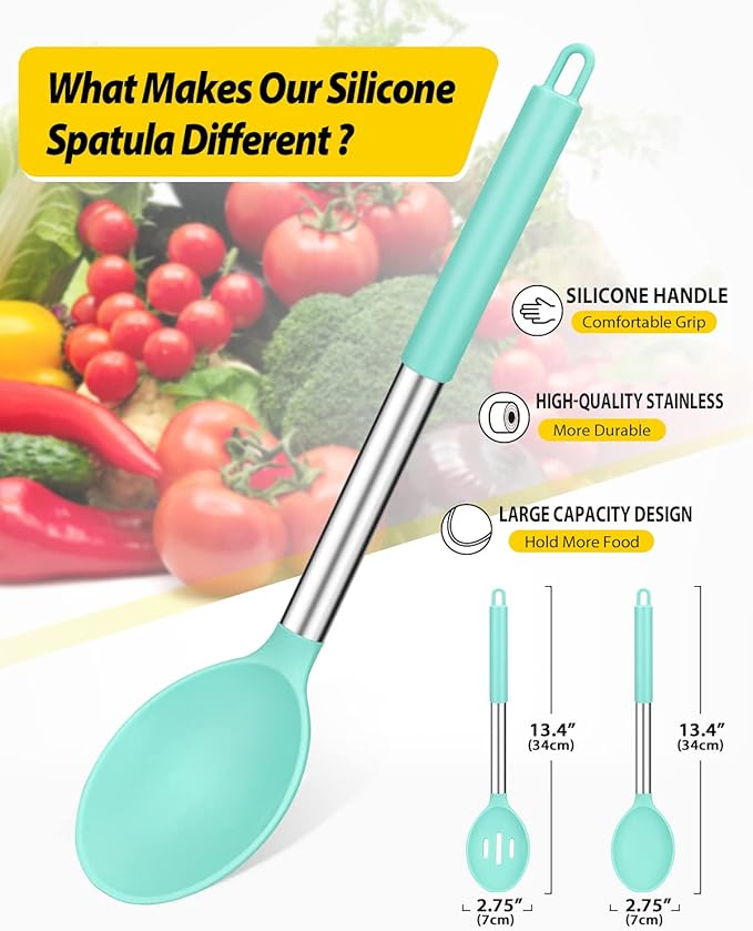 BUNDLEPRO Silicone Cooking Spoons for Non Stick Cookware, 2 Pack, Green