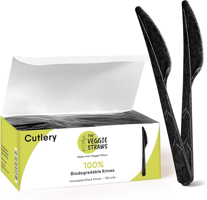 Premium Quality 100% Biodegradable Black Knives Made of Vegetable Fibers, 100 PCS of 6.7” Long Heavy-Duty and Splinter Free Eco-Friendly Black Knives, Sustainable Cutlery for All Types of Occasions