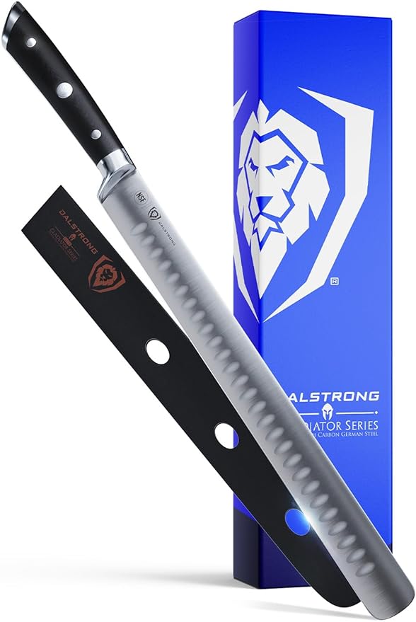 Dalstrong 12" Slicing Knife — Granton Edge, Forged German HC Steel, 56+ HRC — For BBQ Brisket, Holiday Roasts & Turkey Carving — Full-Tang G10, Sheath, Gladiator ELITE, customer support