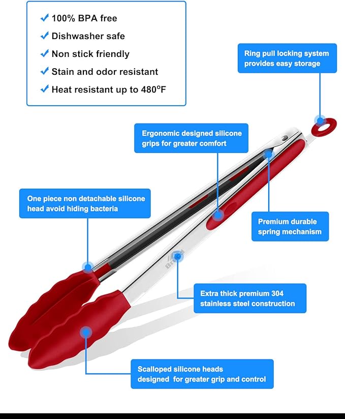 Bnlcd Good Grip Cooking Tongs with Silicone Tips, Set of 3-7" 9" and 12"