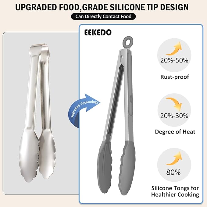 EEKEDO Kitchen Tongs with Silicone Tips, Tongs for Cooking 7", 9" & 12"