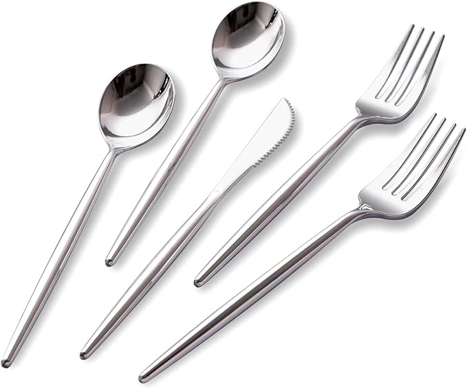 SUT 150Pcs Silver Plastic Silverware Set, Heavy Duty Disposable Cutlery Includes 50 Forks, 50 Spoons and 50 Knives for Party, Wedding and Catering