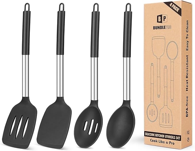 Pack of 4 Silicone Cooking Utensils Set, Non Stick Large Solid Spatulas, Heat Resistant Gray Slotted Spoons, Ideal BPA Free Kitchen Turners for Frying, Mixing,Serving,Draining,Turning,Stirring