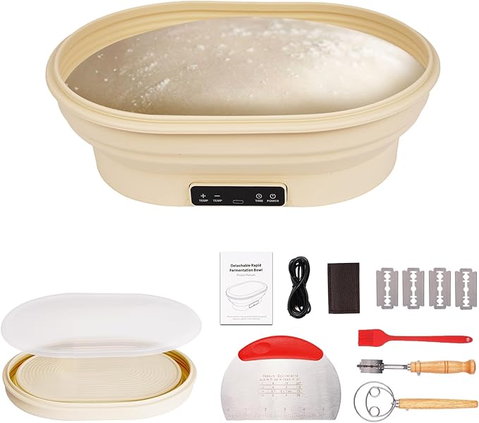 XPXKJ Heating Bread Proofing Basket Set Foldable Thermostatic Silicone Bowl with 77-122℉ 6 Gears Temperature & 6H Timer, Baking Sourdough Starter Bread Making Supplies Tools Kit (13.7×10.2×4.3'')