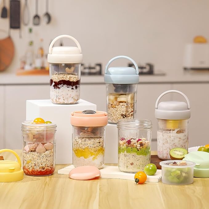 UWILLION 4 Pack Overnight Oats Containers with Handles, 16 oz Glass Mason Jars with Lids, Folding Spoons & Topping Compartments, Yogurt Parfait Cups for Weekly Meal Prep, Chia Pudding & Snacks