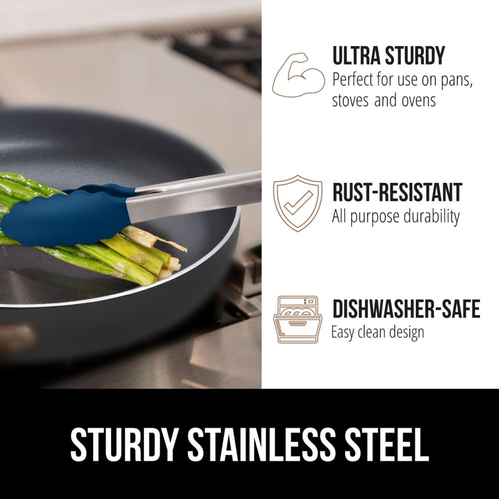 GORILLA GRIP Stainless Steel BPA-Free Kitchen Tongs for Cooking, 9+12 Inch, Heat Resistant BBQ Tong Set of 2, Non Scratch Silicone Tip for Pan, Strong Grip, Grab Food, Toss Salad, Pull Lock, Blue