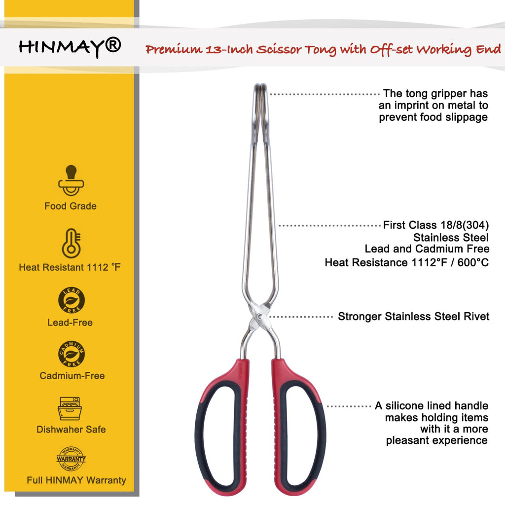 HINMAY 13-Inch Stainless Steel Scissor Tongs with Comfort-Grip Handle