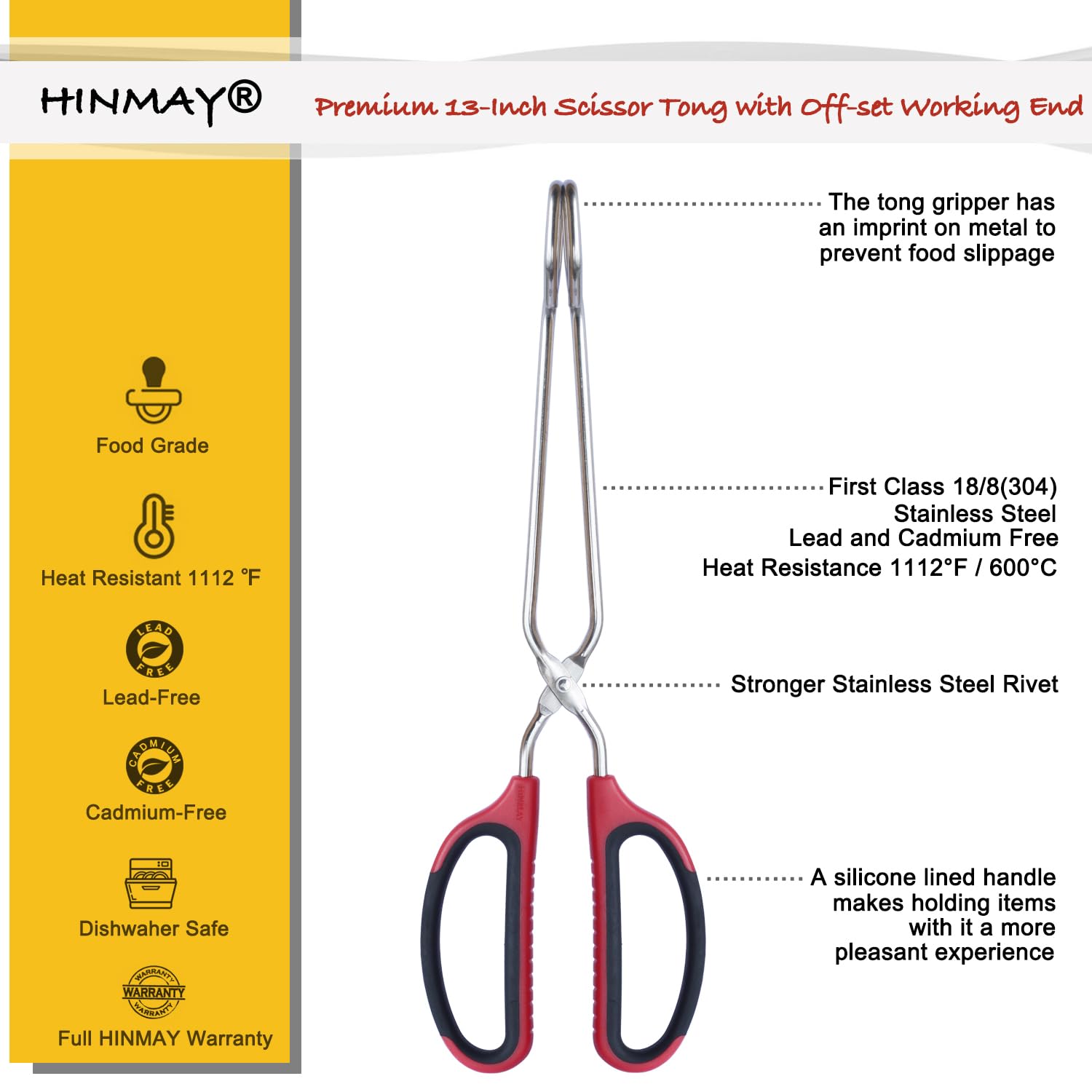 HINMAY 13-Inch Stainless Steel Scissor Tongs with Comfort-Grip Handle