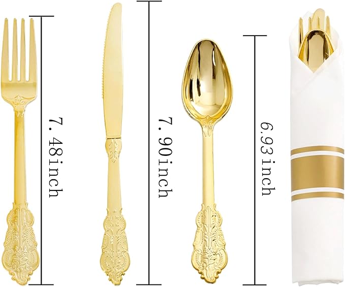 Liacere 400PCS Gold Plastic Silverware - Pre Rolled Napkins Disposable Gold Plastic Cutlery-Premium Quality Utensils-Includes 100Forks,100Knives,100Spoons,100 Napkins & Birthday Party &Events