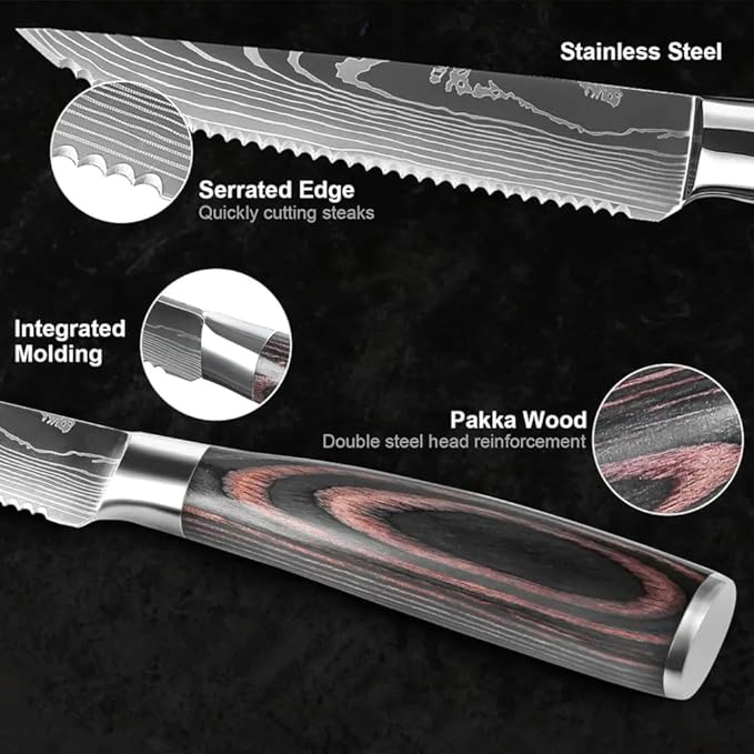 The Epicurean Cook Majesty Series Professional Steak Knife Set with Damascus Pattern - Razor Sharp Serrated Stainless Steel with Wooden Handle (Set of 6 Steak Knives)