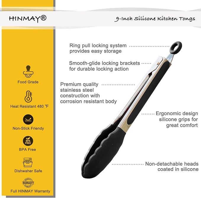 HINMAY 9-Inch Serving Tongs Silicone Tongs, Set of 3 (Black White Gray)
