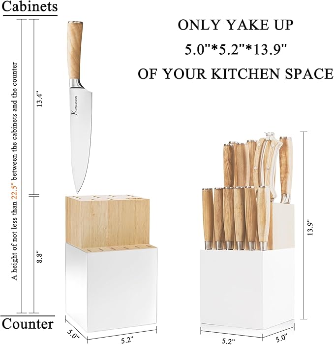 Kangdelun Ultra Sharp 14-Piece Kitchen Knife Set, High Carbon Stainless Steel Blades, Torrefied Natural Wood Handles, Ergonomic Design, Space-Saving White-Finished Wood Block, Easy Hand Wash, Gift Box