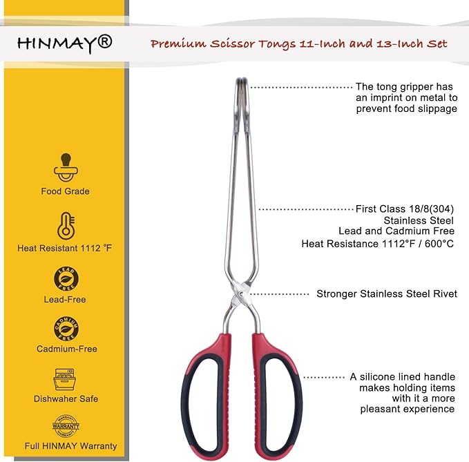 HINMAY Stainless Steel Scissor Tongs 11-Inch and 13-Inch Set, Set of 2