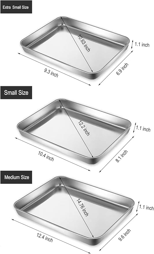 HYTK Small Cookie Baking Sheet Pans Stainless Steel 304 Little Tiny Serving Tray 10.4 x8.1 x1.1Inch (Diagonal 12.3) Reheat Food Small Items No Rust Dishwasher Safe for 2 Person 6 Pack