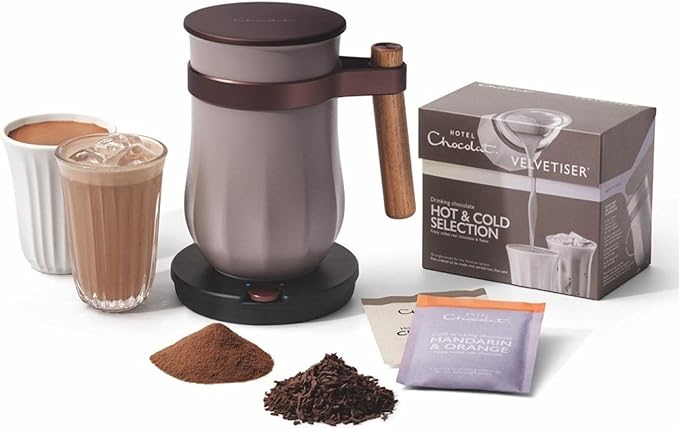 Hotel Chocolat Hot Chocolate Maker – Velvetiser Hot & Cold Drinking Chocolate Machine, Includes Mug, Glass & Sachets, Pebble Edition, Luxury Gift