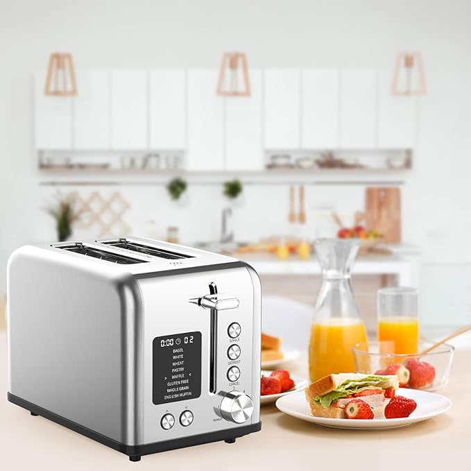 2-Slice Bagel Toaster Stainless Steel with Screen- Single Slice Function for Single-Sided Stuffed Bagel, 8 Bread Types, 6 Browning Levels, LED Countdown Timer, Defrost/Reheat/Cancel, 825W