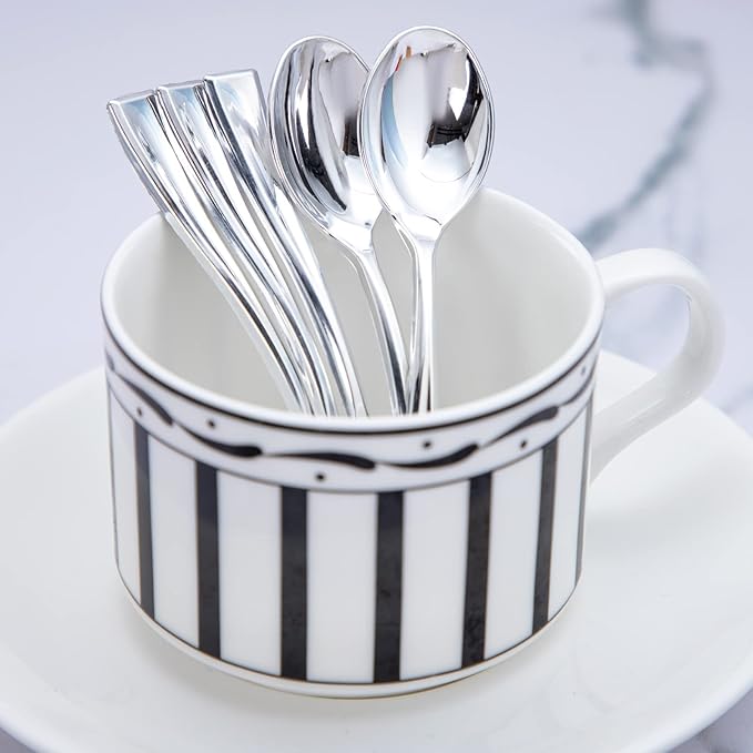 WDF 300 Pieces Plastic Silver Mini Spoons - 4 Inches Silver Plastic Tasting Spoons for Desserts, Heavy Duty Disposable Spoons Perfect for Coffee, Cake, Desserts, Appetizers for Wedding Spring Party