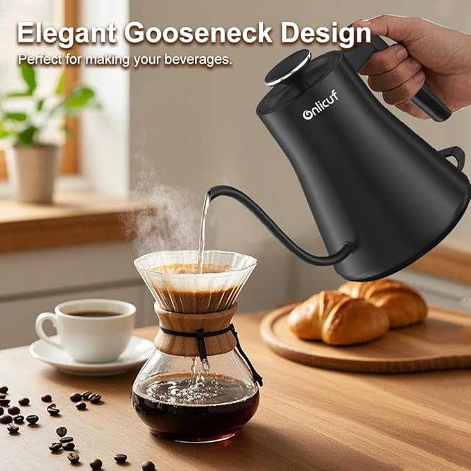Onlicuf Gooseneck Electric Kettle 0.8L (27oz) - 1000W Rapid Fast Boiling Tea Kettle with Auto Shut Off & Boil-Dry Protection, Stainless Steel Leak-Proof Water Boiler for Pour Over Coffee, Black