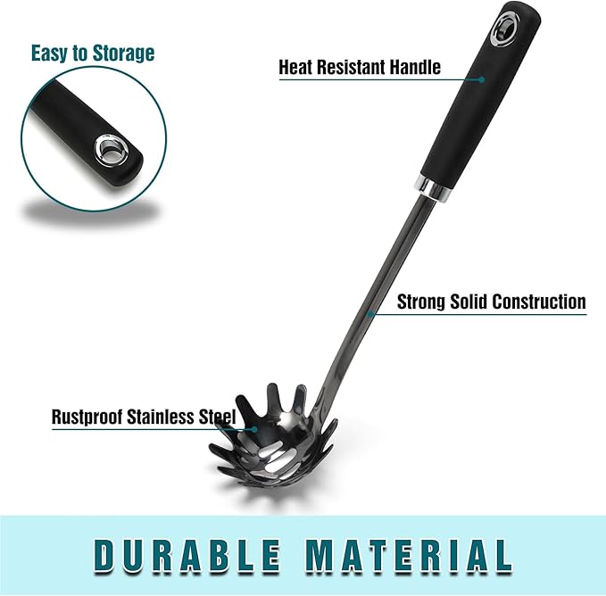 JXWING Black Stainless Steel Pasta Spoon, Spaghetti Server, Pasta Fork
