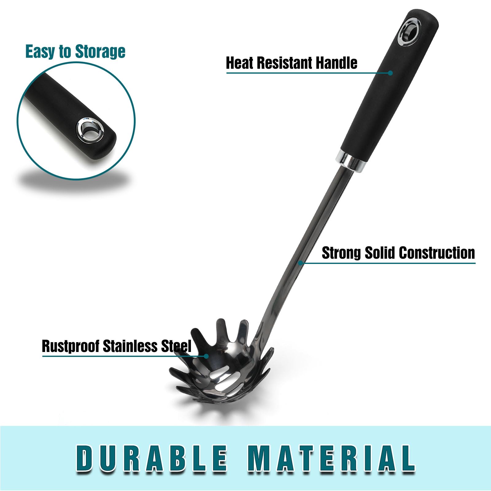 JXWING Black Stainless Steel Pasta Spoon, Spaghetti Server, Pasta Fork