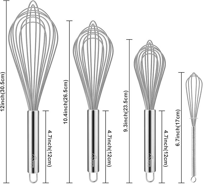 HOTEC Stainless Steel Whisk Set of 4, Food Grade Balloon Whisk Egg Beater, Thicken Wire Mixing Whisk for Baking, Cooking, Whisking Cream, Sauce, Pancake Batter