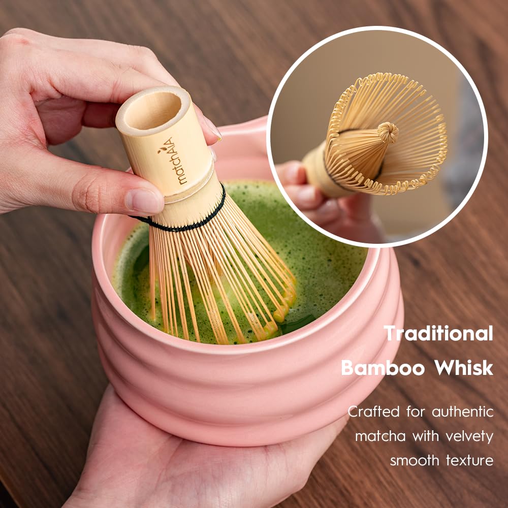 MatchAiA Matcha Whisk Set - Ceramic Bowl, Bamboo Whisk with Holder, Sifter, Schima Spoon, Spoon Rest and Tea Towel - 7 Pcs Complete Kit for Traditional Matcha and Modern Lattes (Pink)