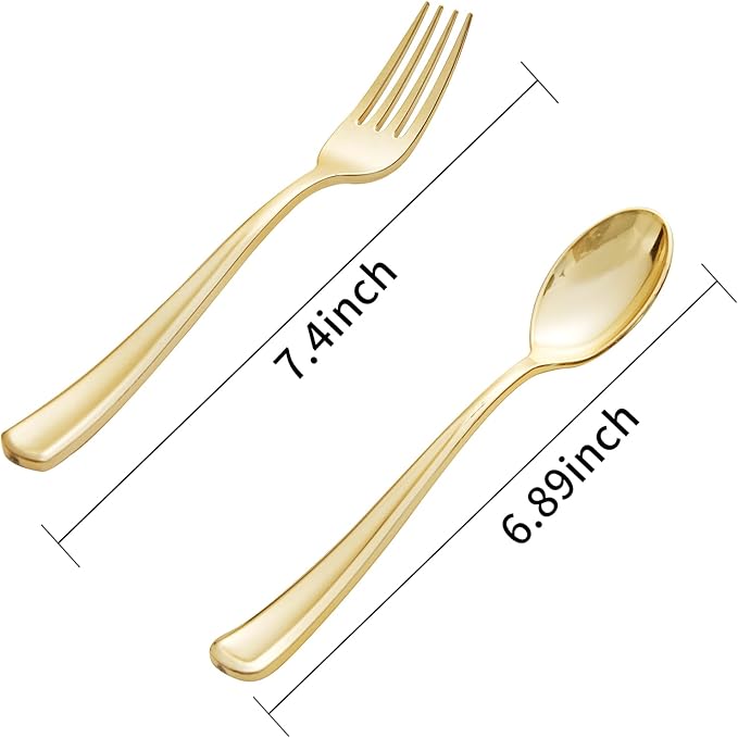 BUCLA 200-Piece Gold Plastic Silverware - Heavy Duty Disposable Cutlery Set - 100 Gold Plastic Forks & 100 Spoons for Catering, Party, Dinner, Wedding