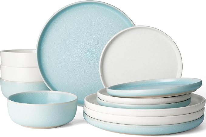 Famiware Milkyway 12-Piece Dinnerware Set, Matte Beige White & Light Blue