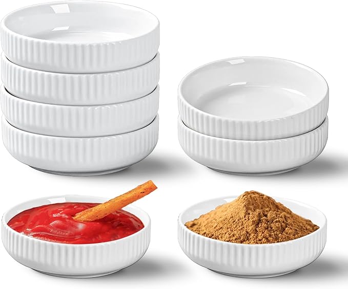 KOBIKOBI Dipping Bowls Set of 8-3 Oz Ceramic Sauce Bowls, Soy Sauce Dish, Small Condiment Cups for Sushi, BBQ, Appetizer - Stackable Food-Safe White Dipping Sauce Bowls, Japanese Style